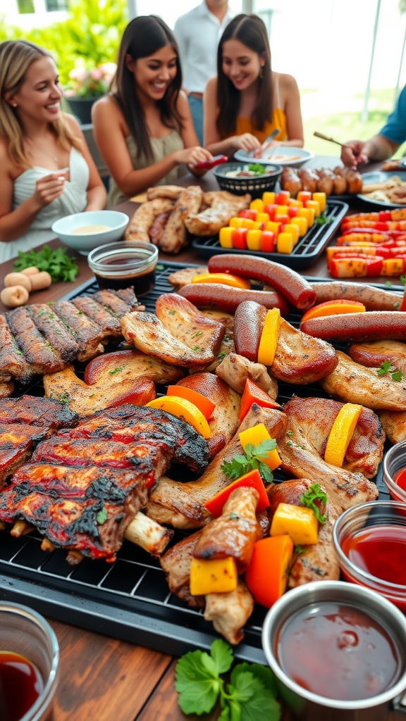 A table set for a barbecue feast with grilled meats and vegetable skewers in a summer outdoor setting.
